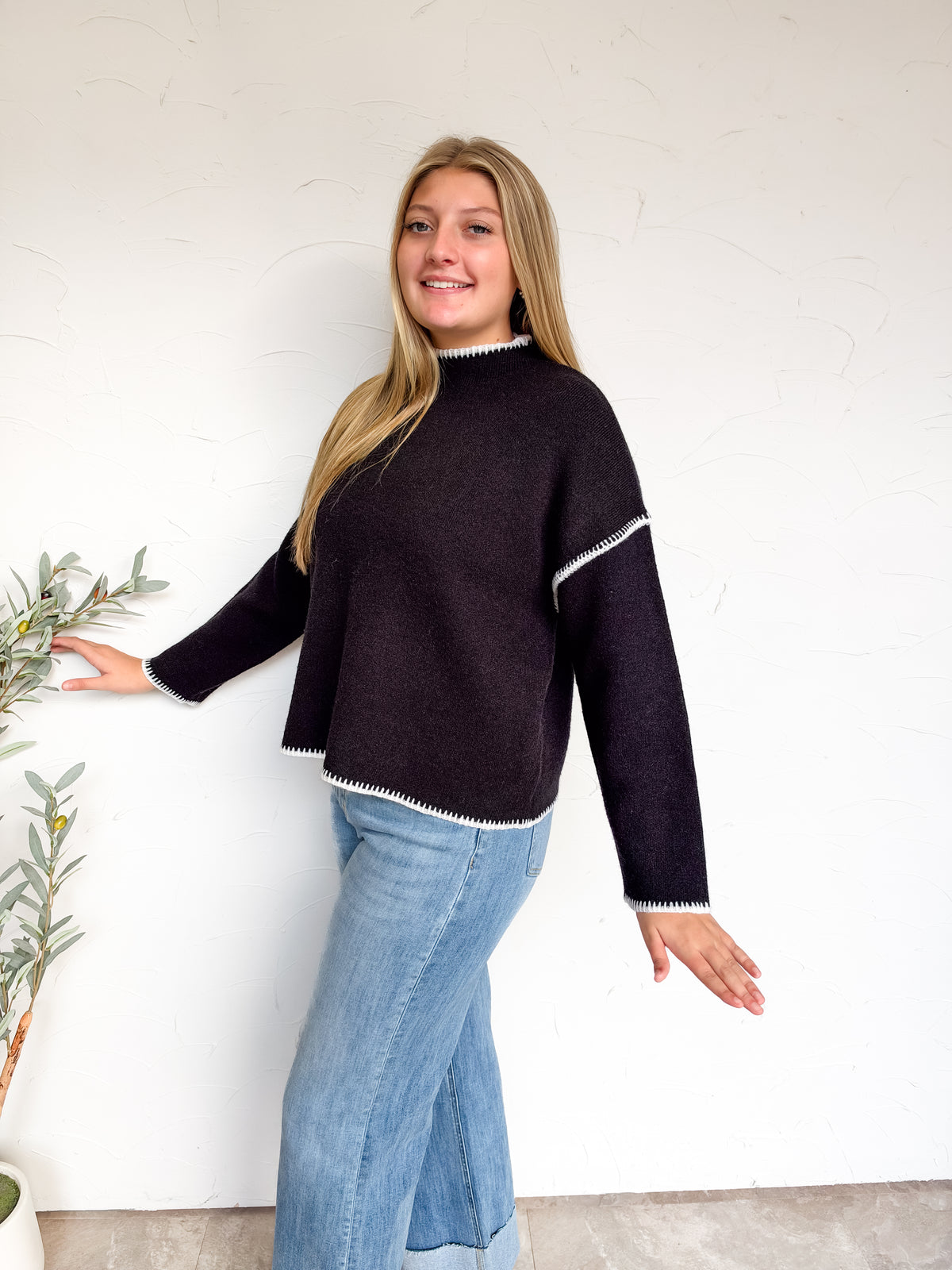 Just Between Us Stitch Mock Neck Sweater- Black