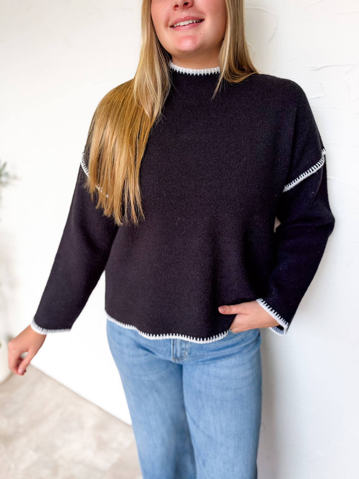 Just Between Us Stitch Mock Neck Sweater- Black