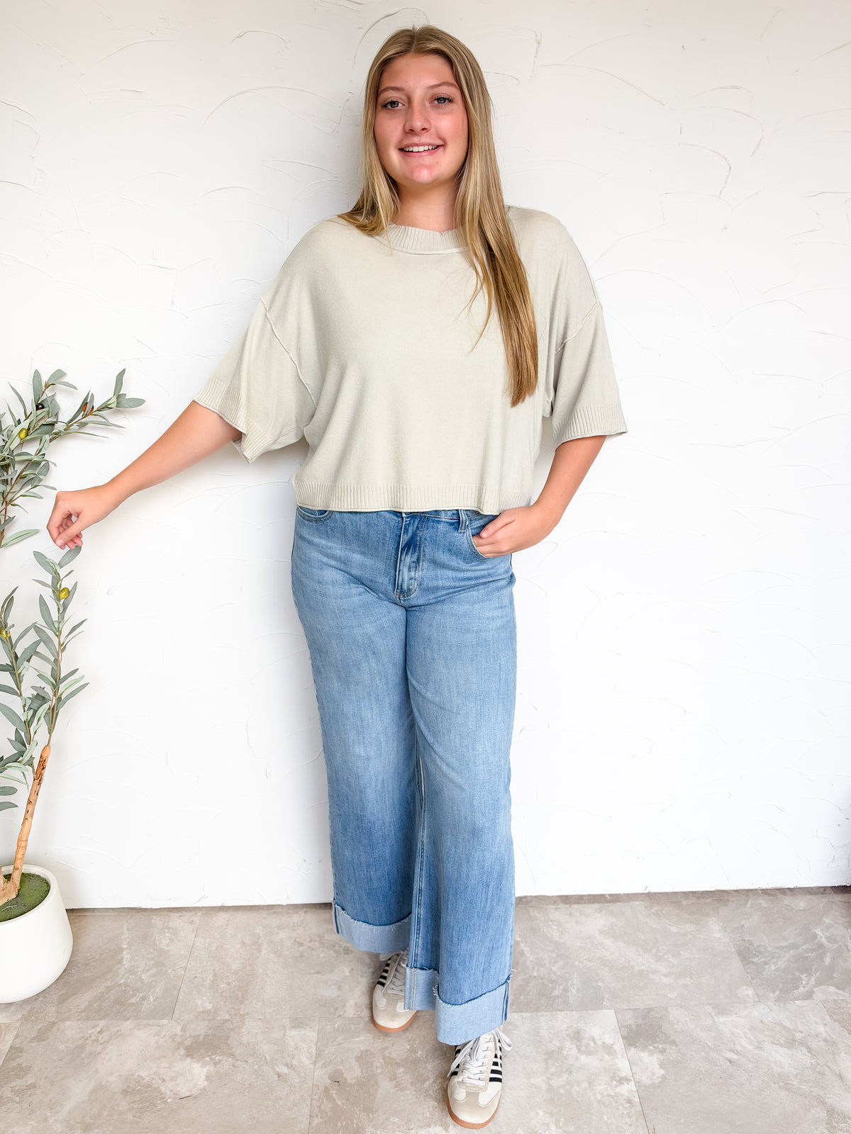Just A Feeling Mock Neck Boxy Top- Bone