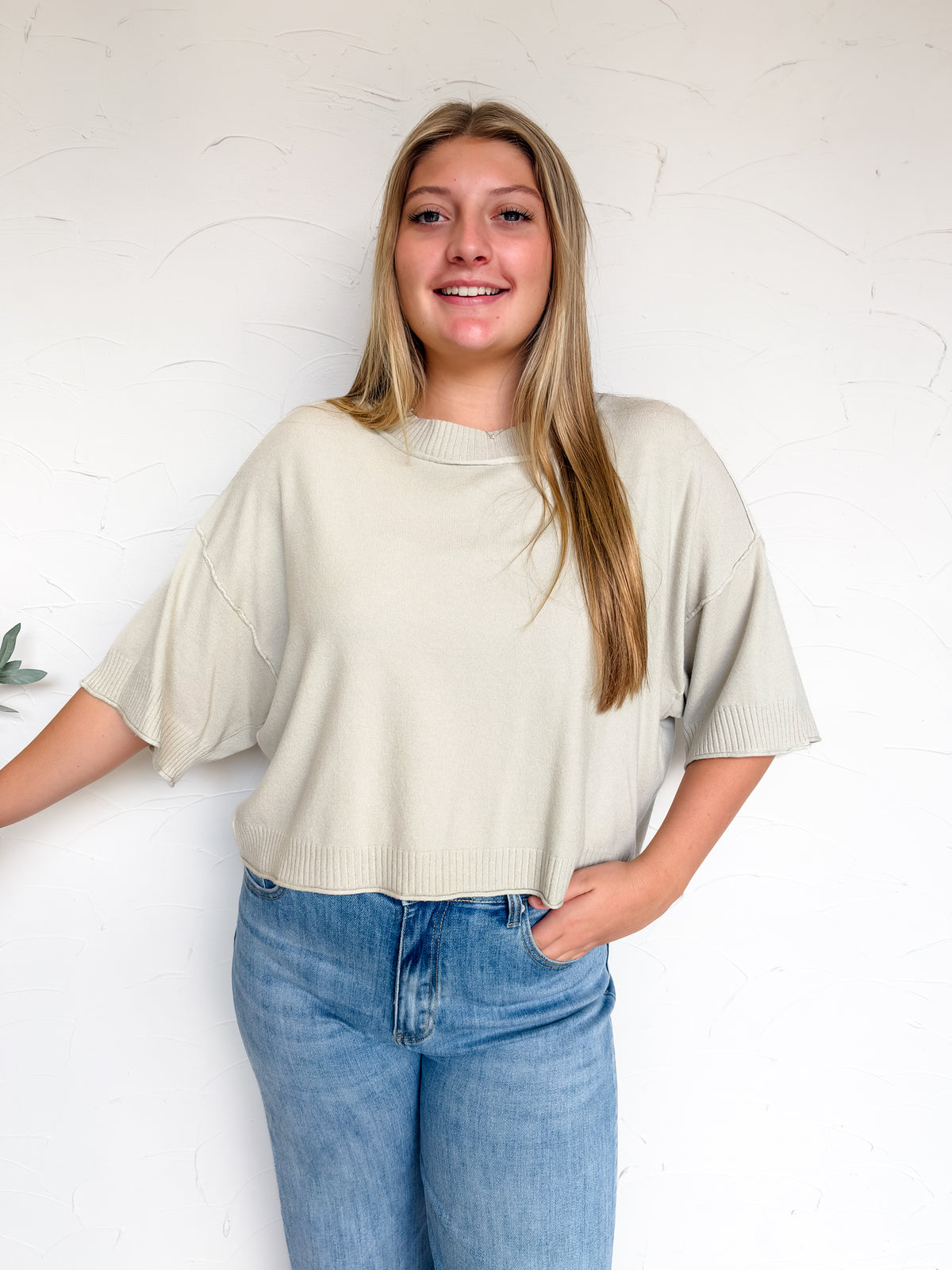Just A Feeling Mock Neck Boxy Top- Bone