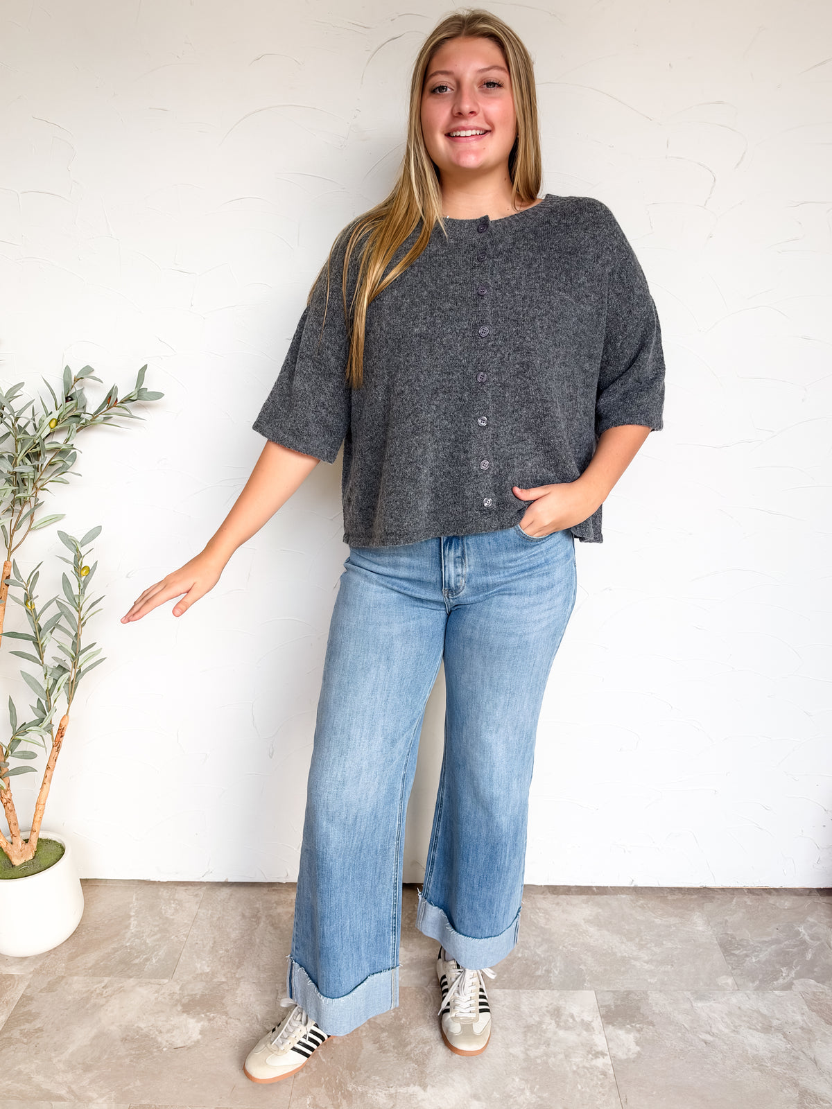 Let's Have Fun Solid Button Down Cardigan- Charcoal