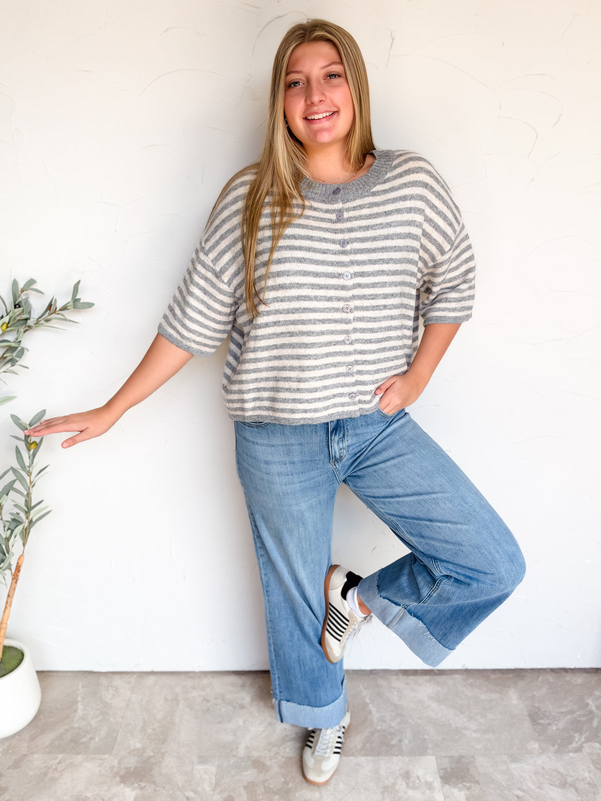 Life's Too Short Striped Sweater Cardigan- Heather Grey