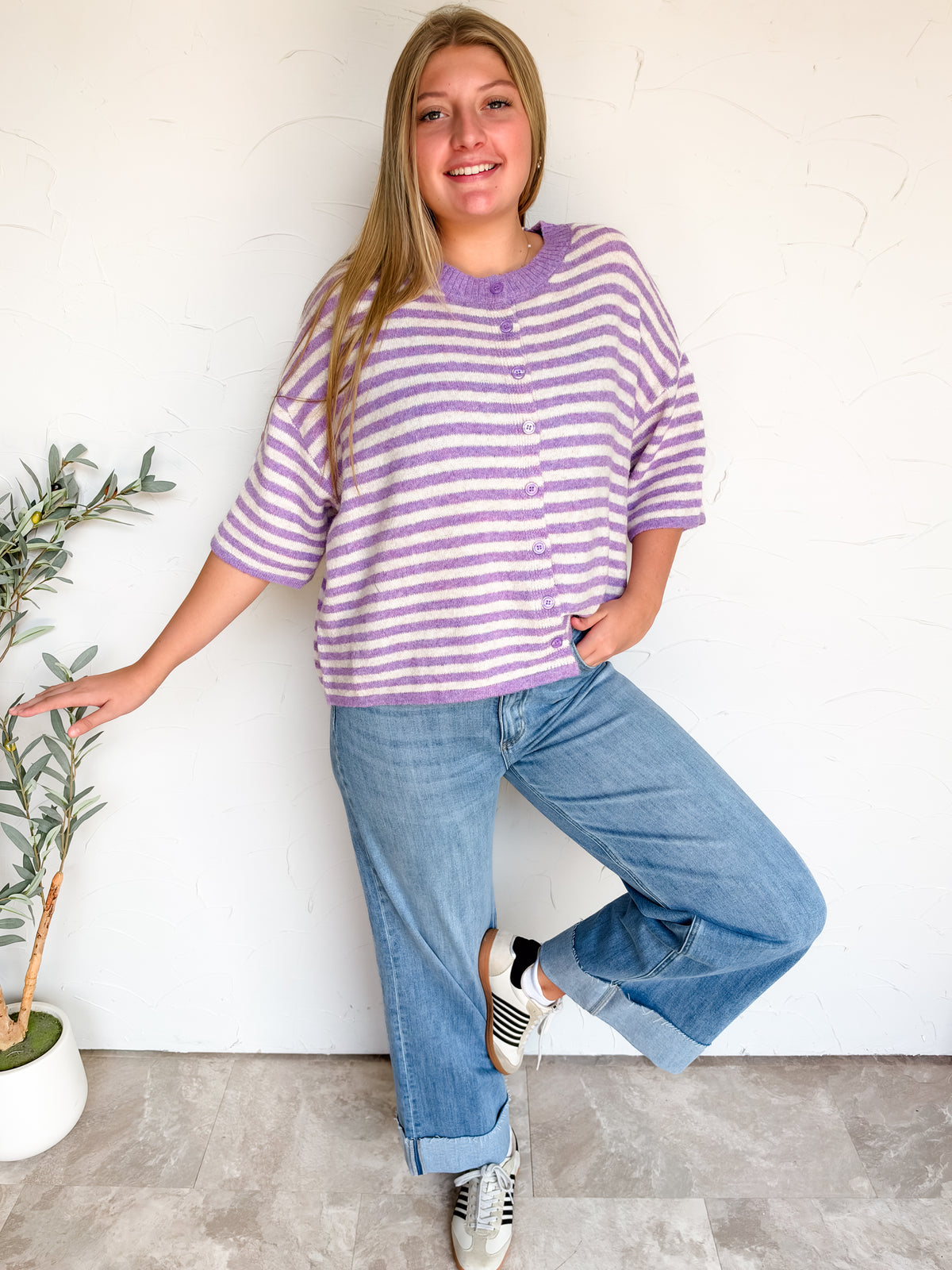 Life's Too Short Striped Sweater Cardigan- Violet