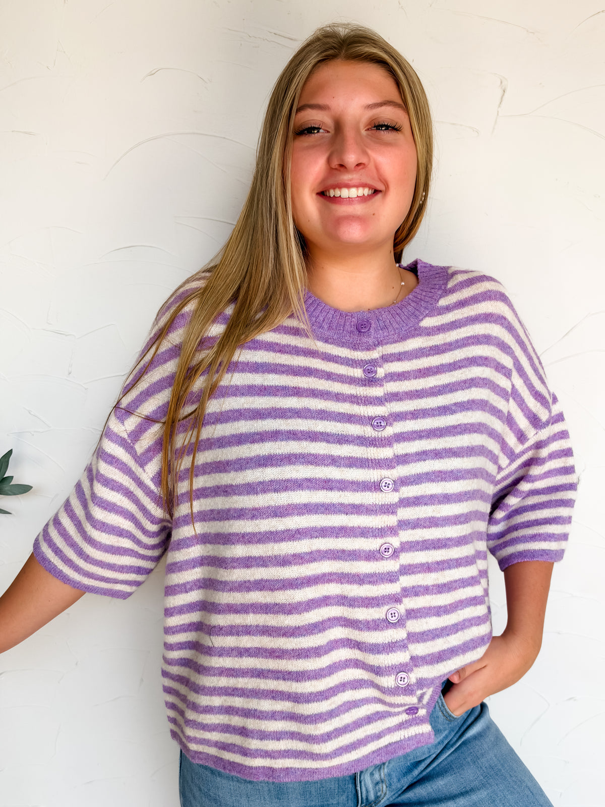 Life's Too Short Striped Sweater Cardigan- Violet