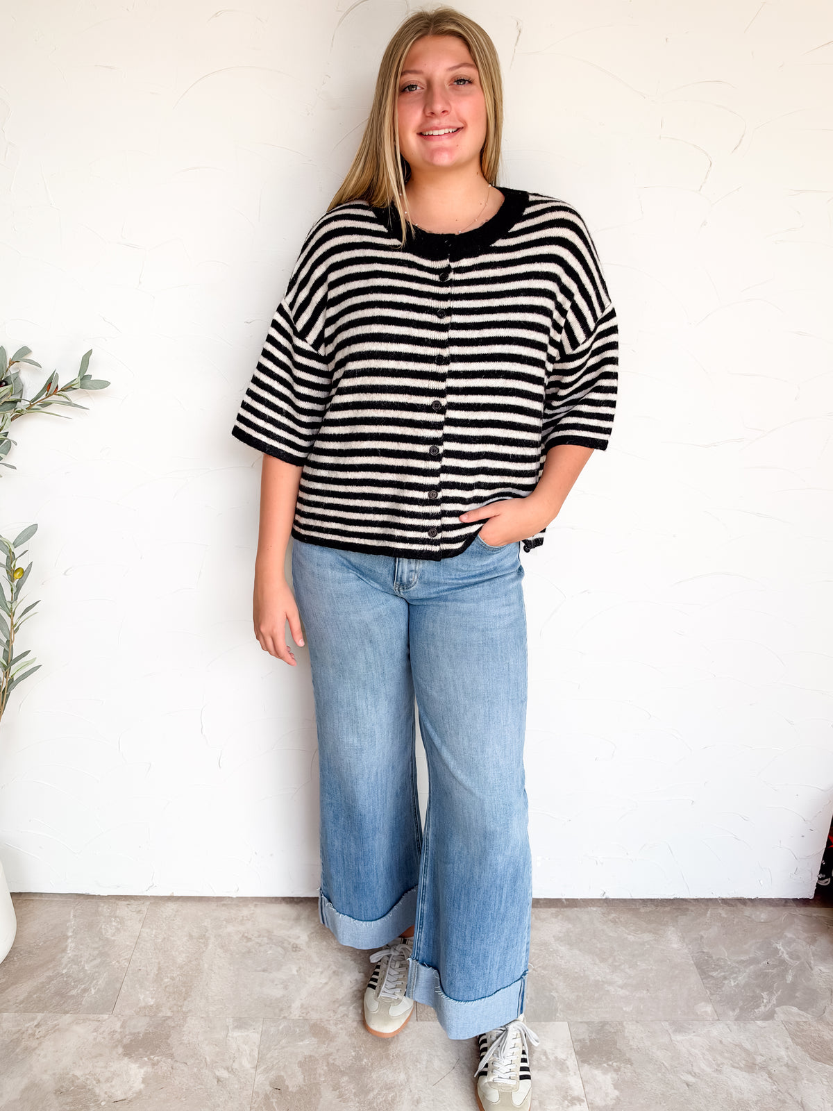 Life's Too Short Striped Sweater Cardigan- Black
