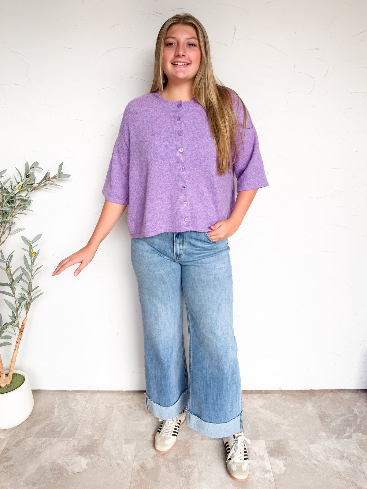 Let's Have Fun Solid Button Down Cardigan- Violet