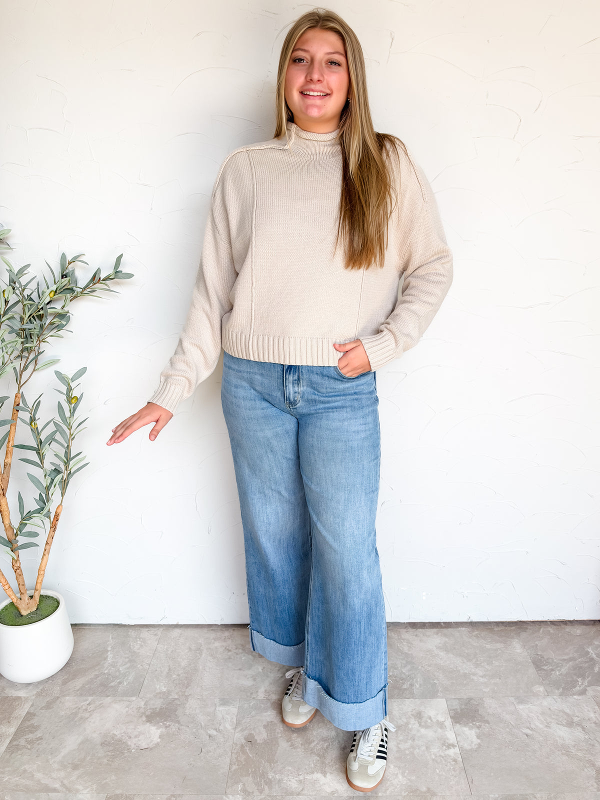 There's No Question Exposed Seam Sweater- Sand Beige