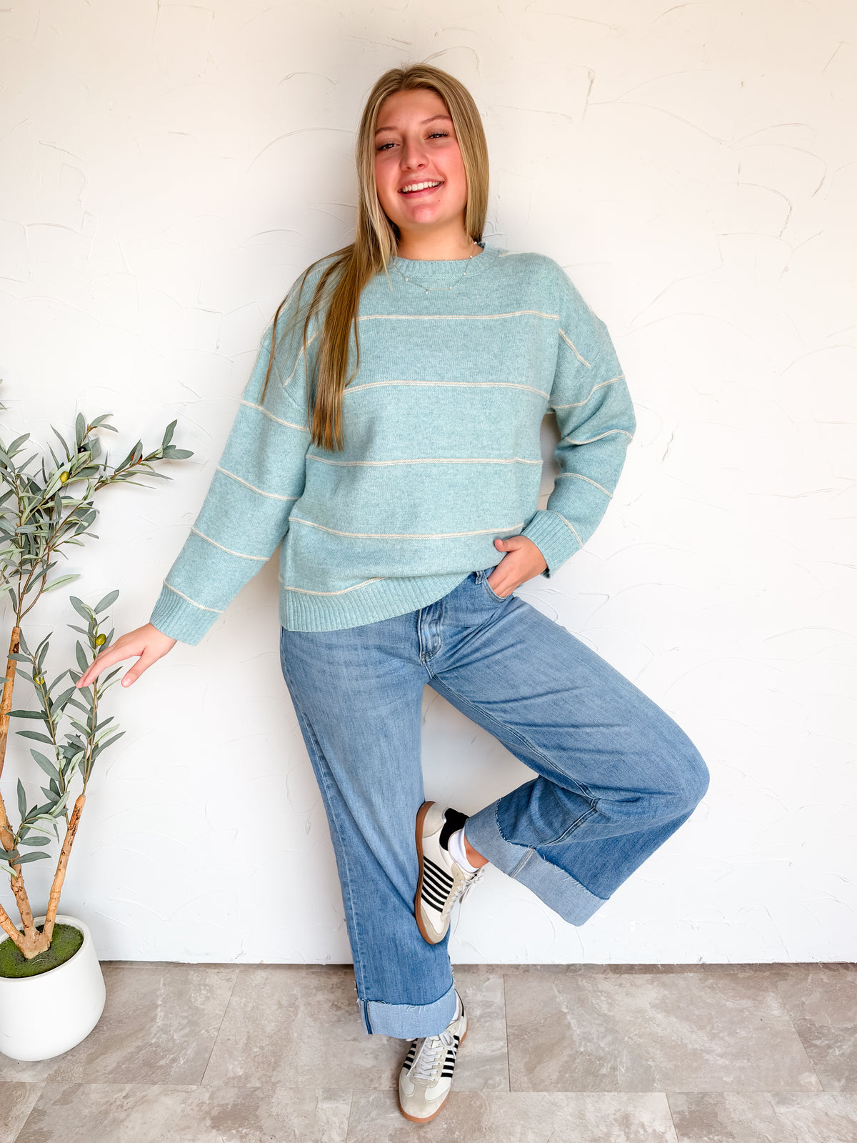 Made For Memories Striped Drop Shoulder Sweater- Blue Multi
