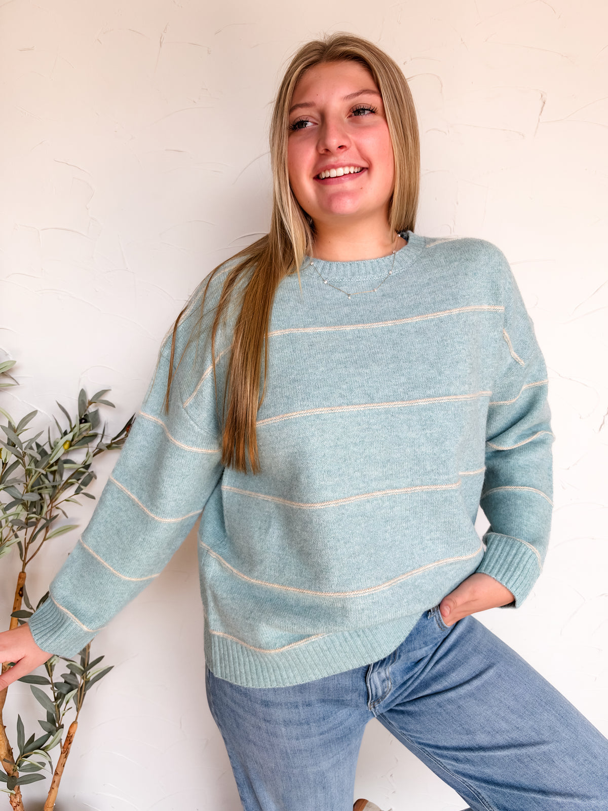 Made For Memories Striped Drop Shoulder Sweater- Blue Multi