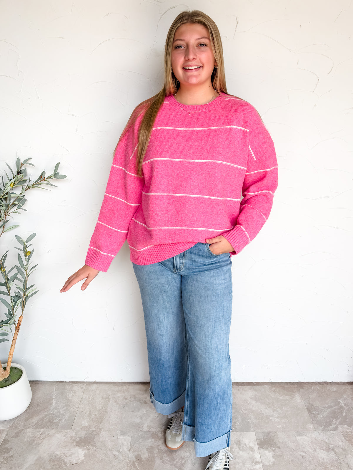 Made For Memories Striped Drop Shoulder Sweater- Pink Multi
