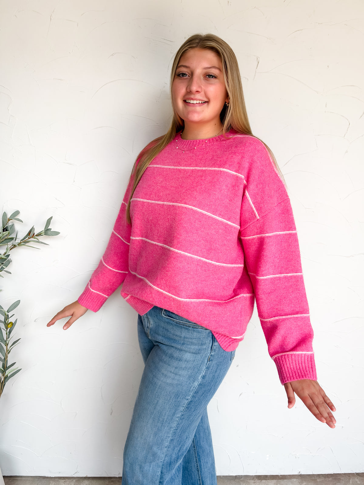Made For Memories Striped Drop Shoulder Sweater- Pink Multi