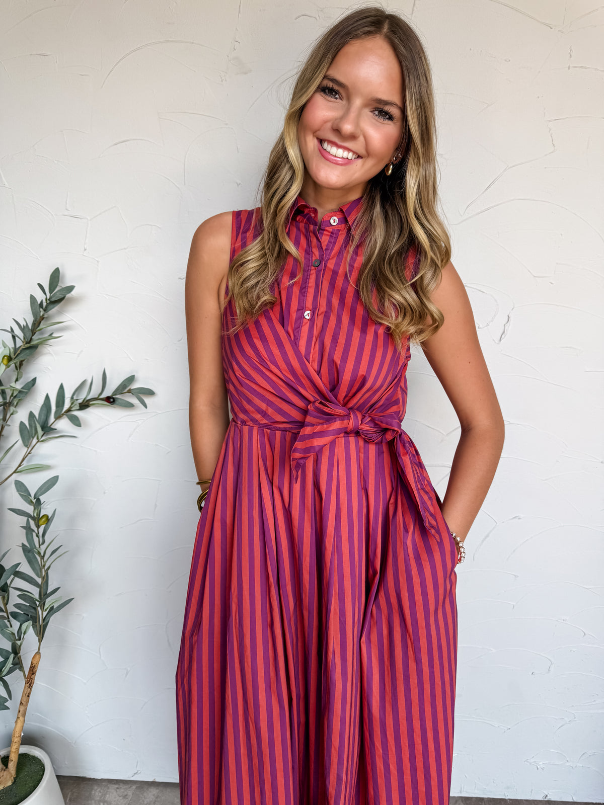 Cider Season Striped Collared Sleeveless Midi Dress