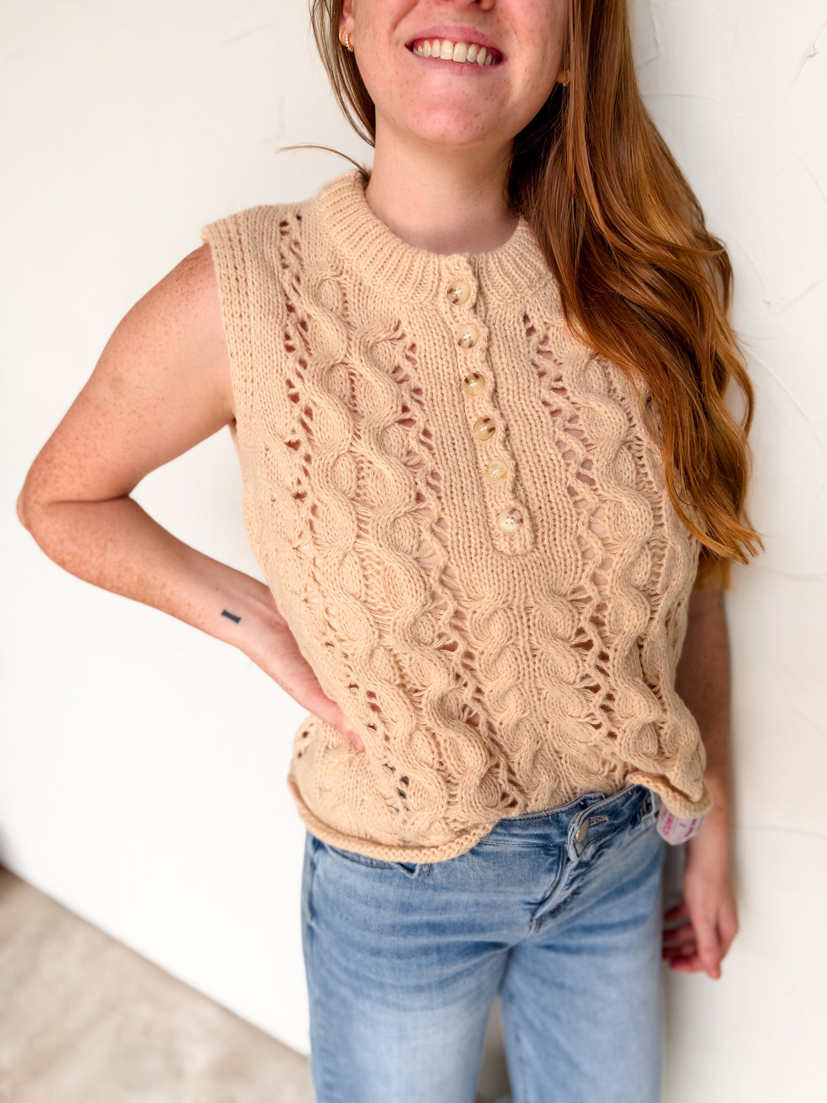 Rustic Poem Rouched Cable Knit Top