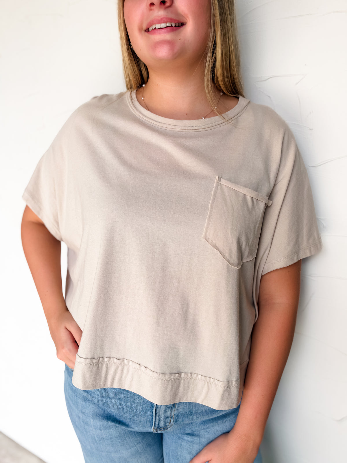 Secretly In Love Exposed Seam Boxy Top - Sand Beige