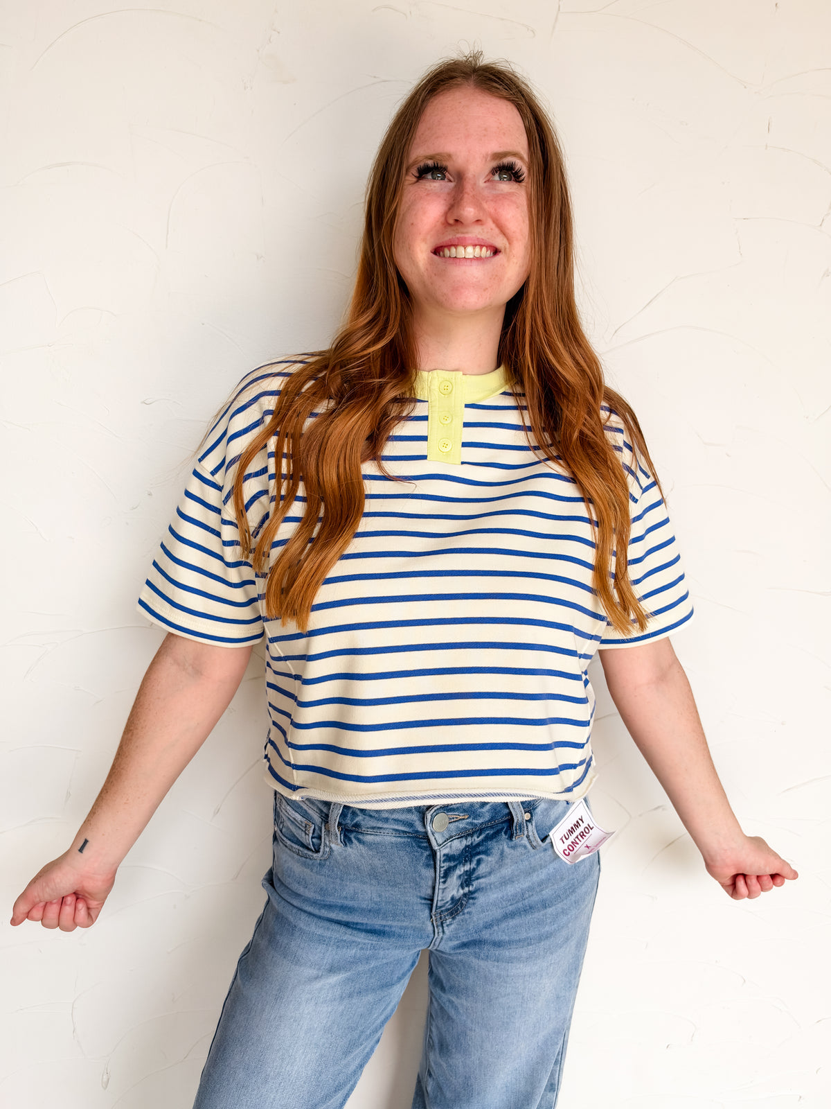 Stay a Little Longer Henley Neck Stripe Top- Ivory/Blue