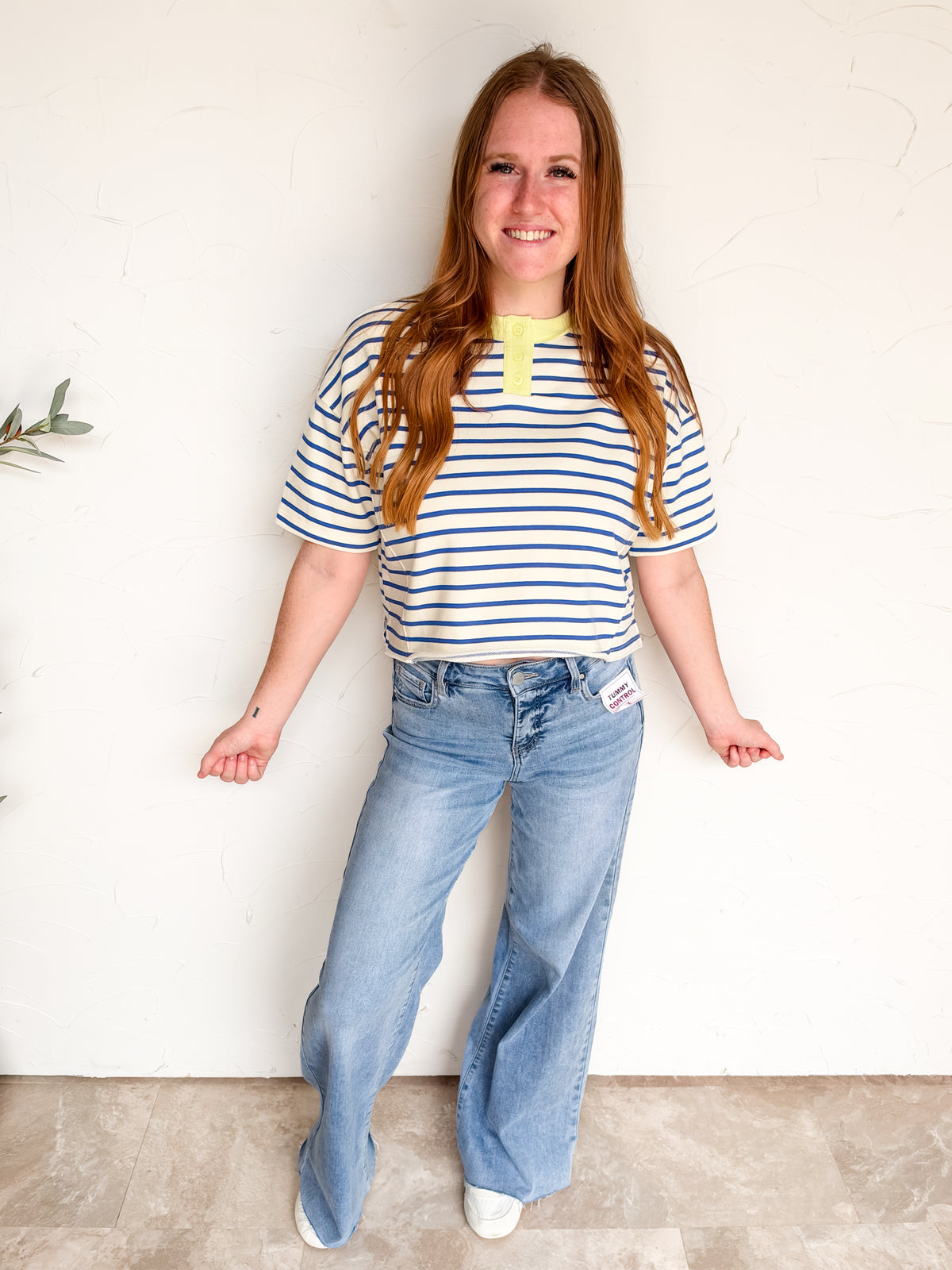 Stay a Little Longer Henley Neck Stripe Top- Ivory/Blue