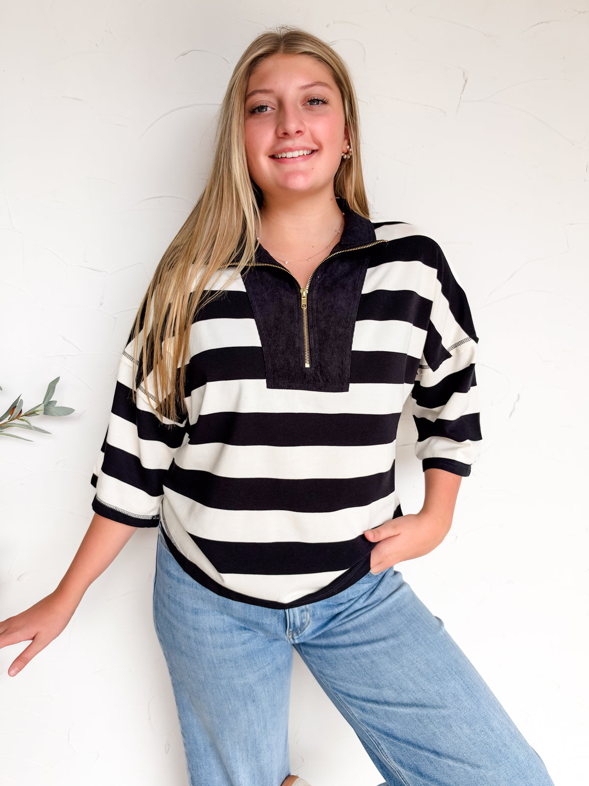 Drop a Beat Stripe Drop Shoulder Corduroy Pullover