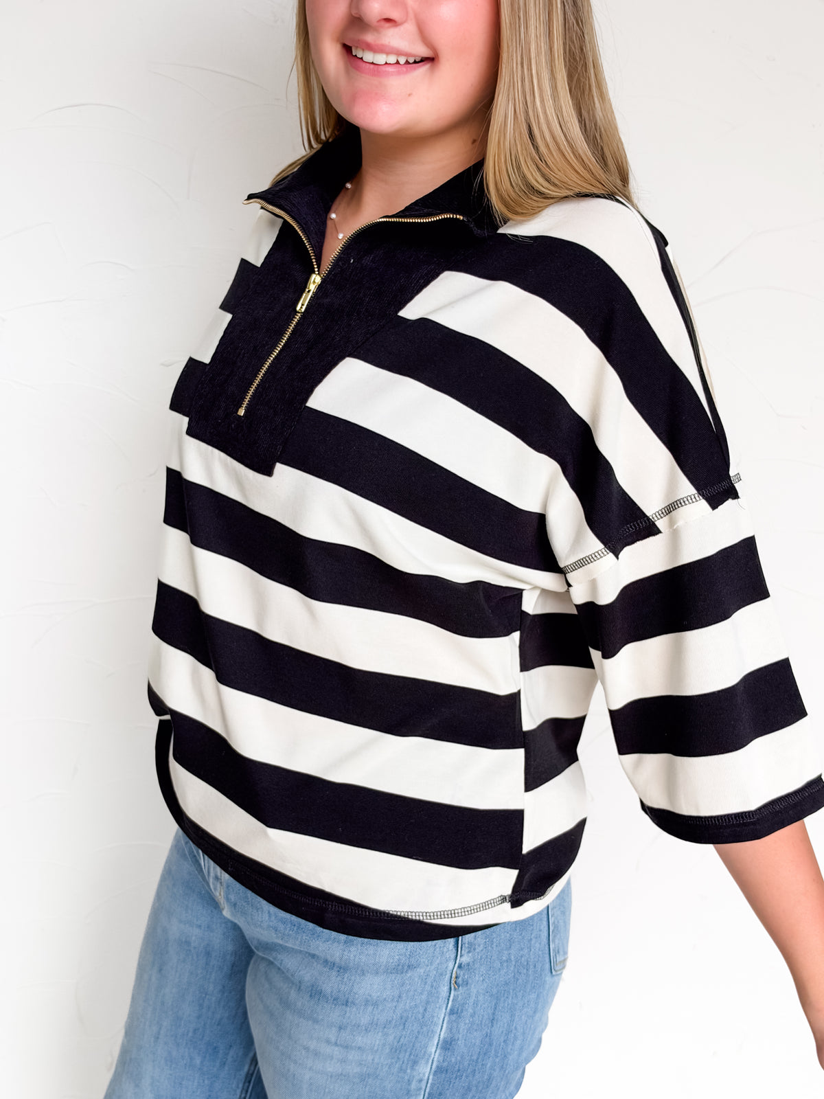 Drop a Beat Stripe Drop Shoulder Corduroy Pullover
