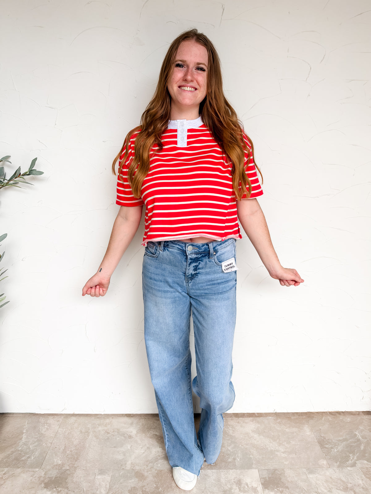 Stay a Little Longer Henley Neck Stripe Top- Red/Ivory