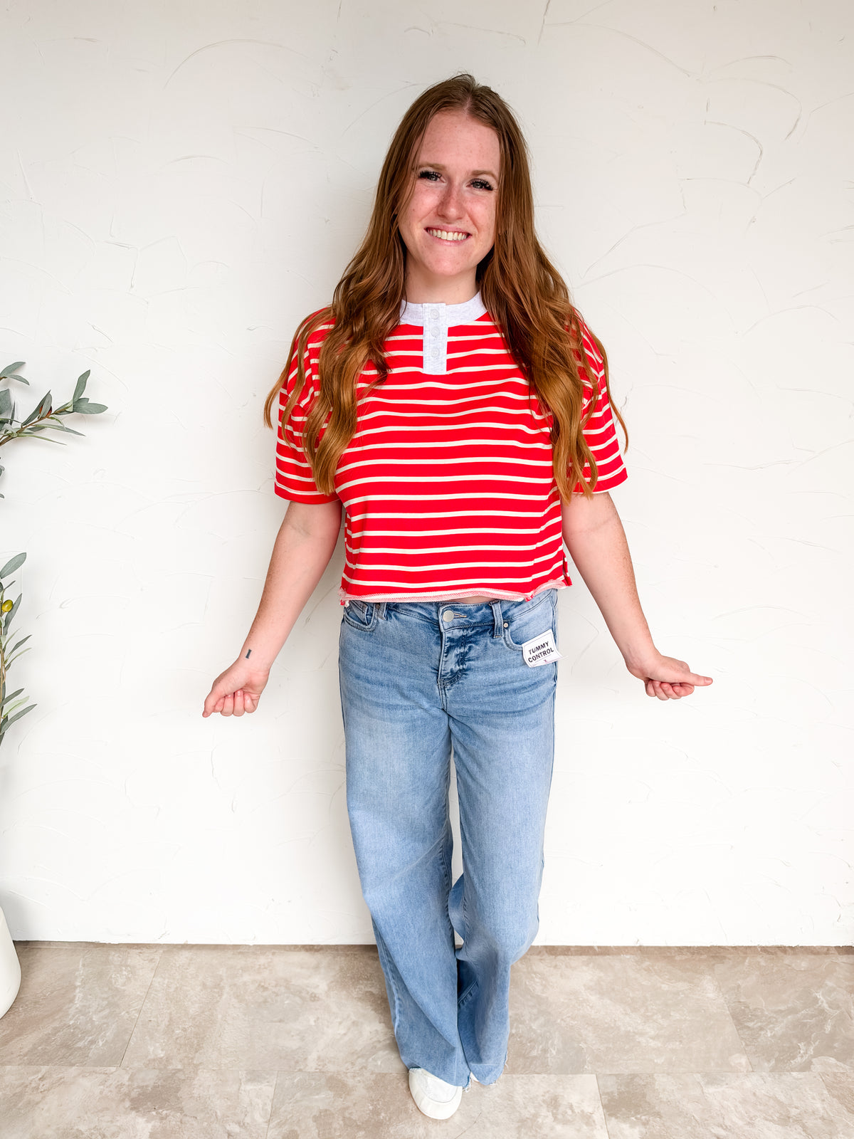 Stay a Little Longer Henley Neck Stripe Top- Red/Ivory