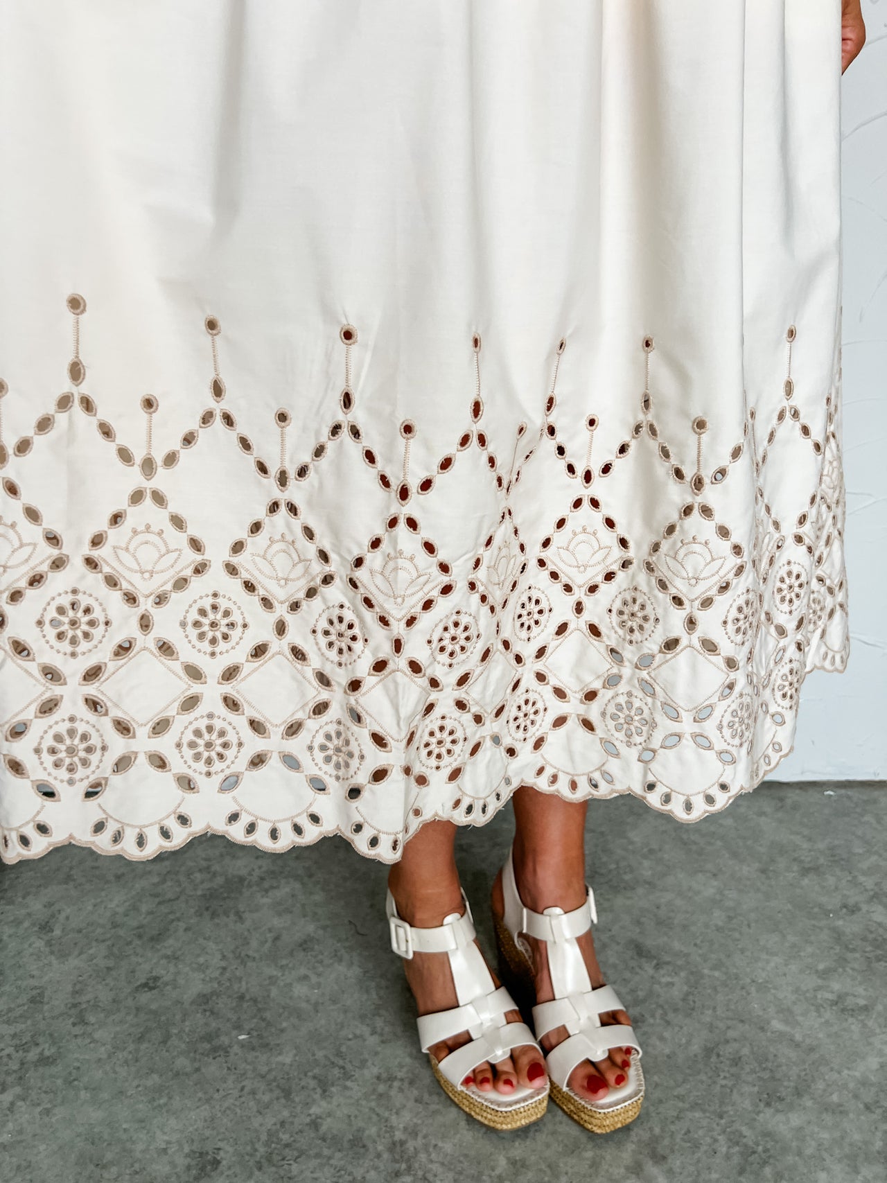 Just For The Day Smocked Eyelet Ruffle Midi Dress