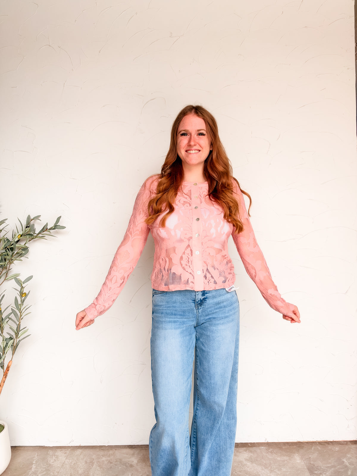 My Sweet Side Floral Jacquard Lace Button Down Top- Blush