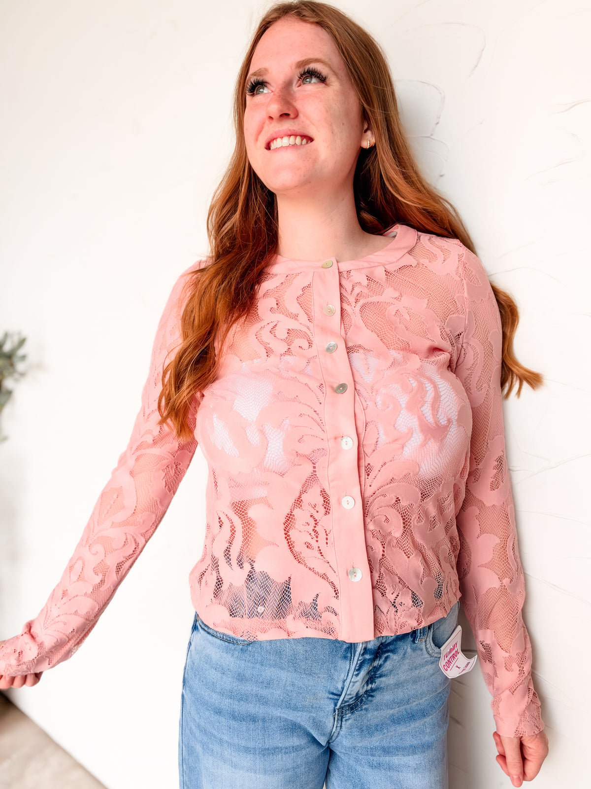 My Sweet Side Floral Jacquard Lace Button Down Top- Blush