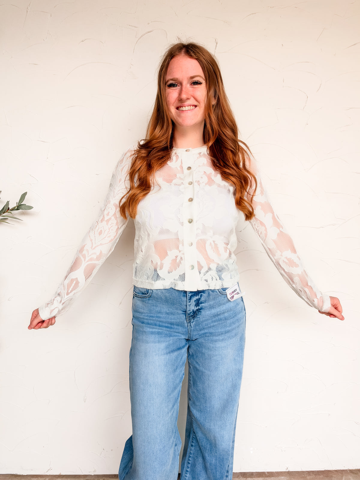 My Sweet Side Floral Jacquard Lace Button Down Top- White