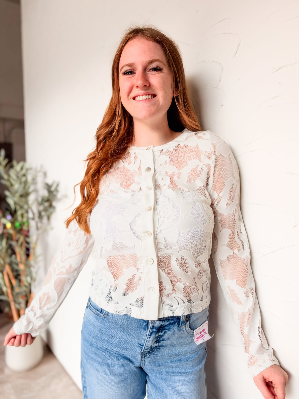 My Sweet Side Floral Jacquard Lace Button Down Top- White