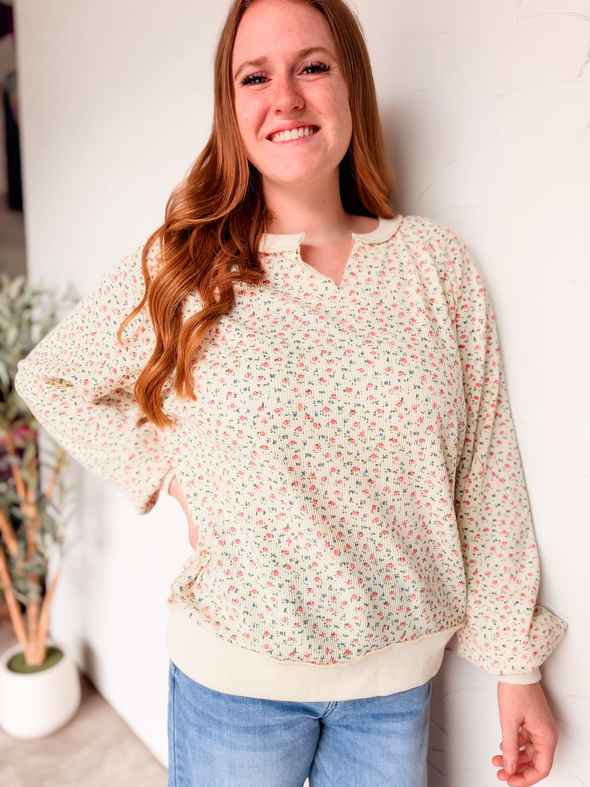 Sweet Finish Ditsy Flower V Neck Sweater