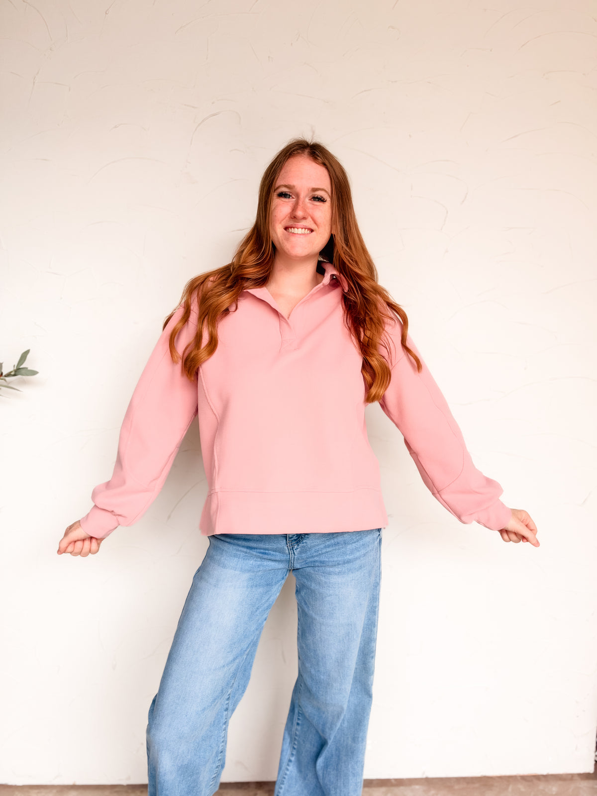 Picture Perfect Brushed Waffle Knit Collared Top- Mauve
