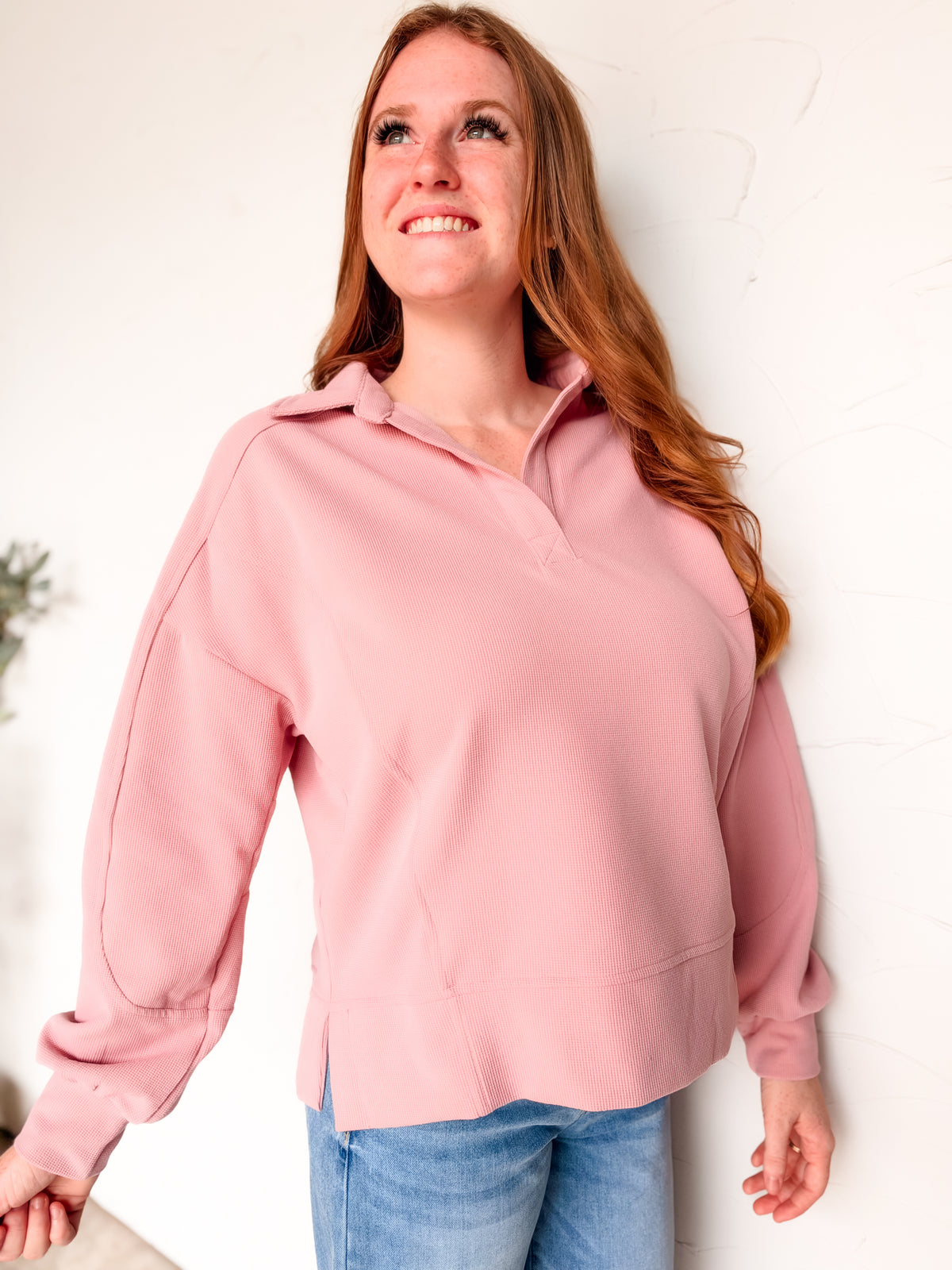 Picture Perfect Brushed Waffle Knit Collared Top- Mauve