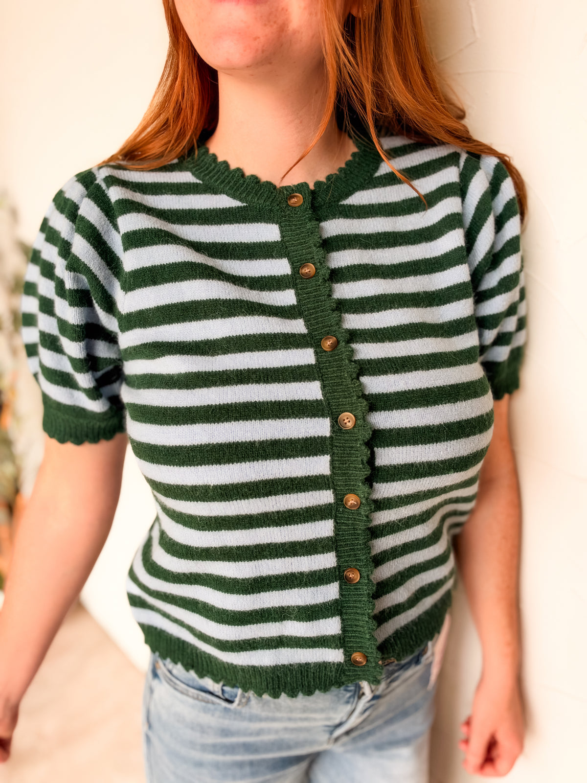 Trust The Process Scalloped Trim Cardigan- Heather Green