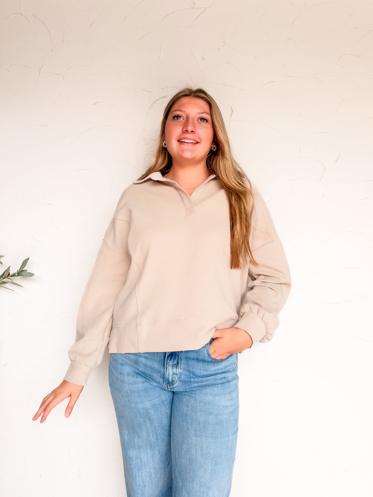 Picture Perfect Brushed Waffle Knit Collared Top- Taupe