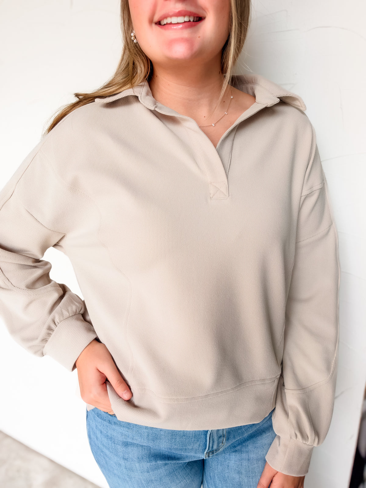 Picture Perfect Brushed Waffle Knit Collared Top- Taupe