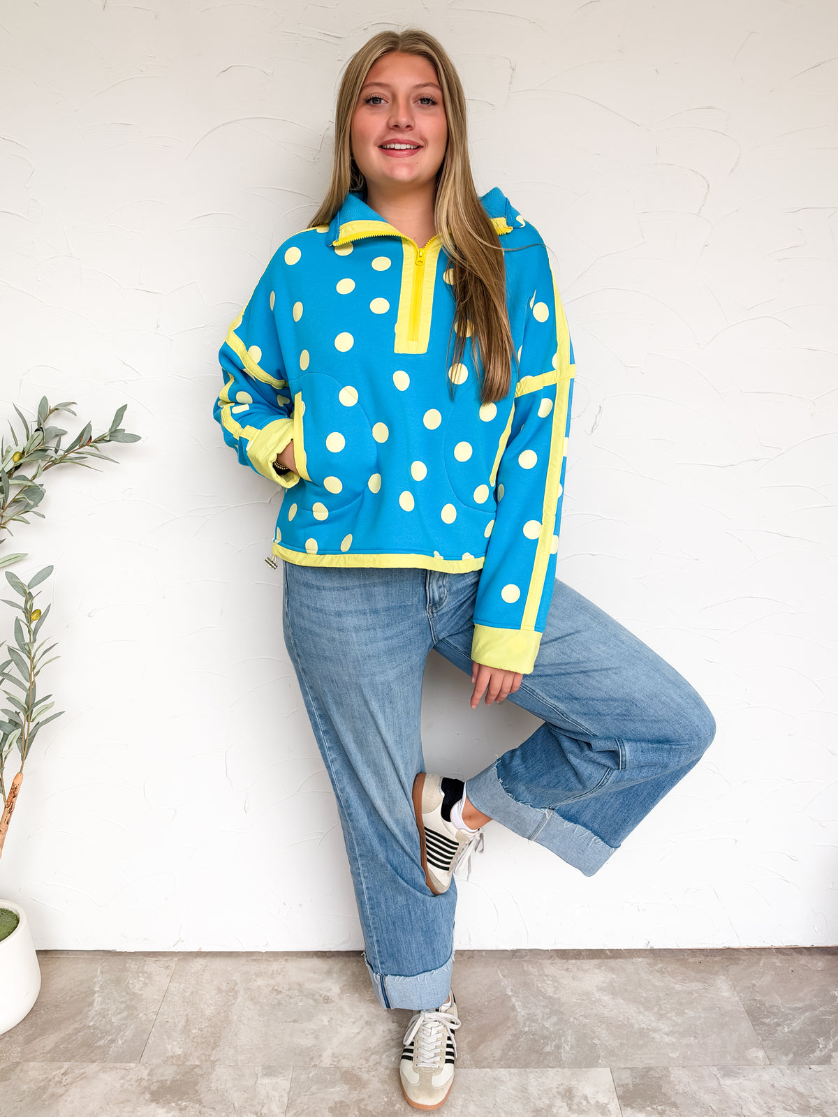 Polka Dot Heaven Contrast Pullover- Teal/Yellow