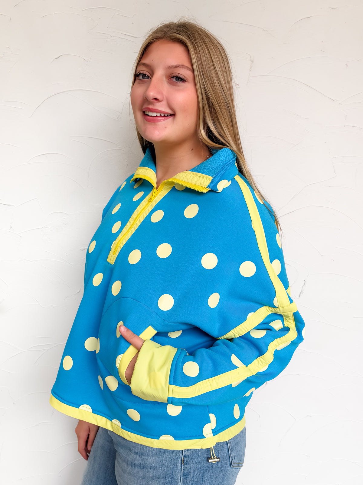 Polka Dot Heaven Contrast Pullover- Teal/Yellow