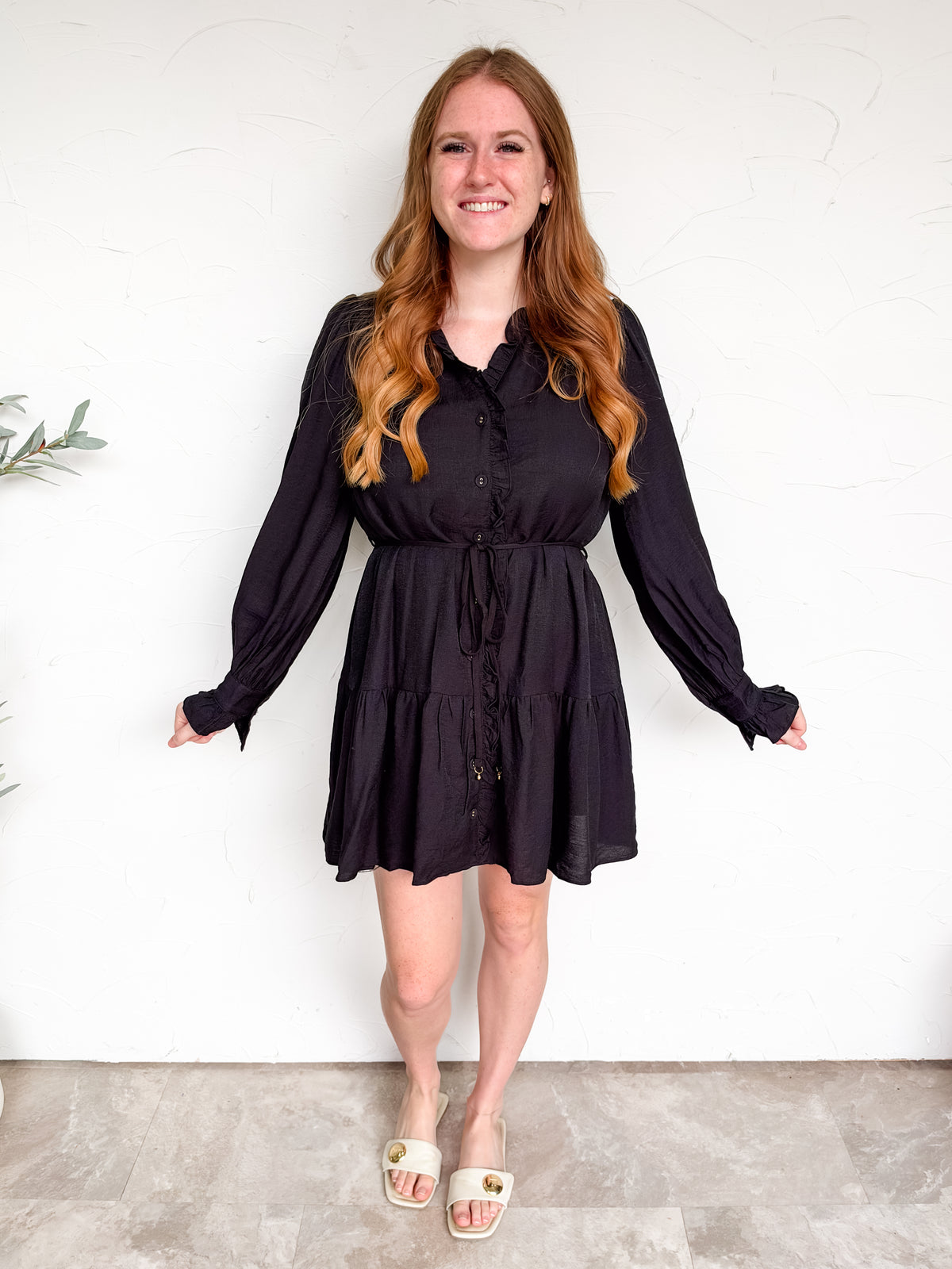 All On My Own Self Tie Ruffle Dress- Black