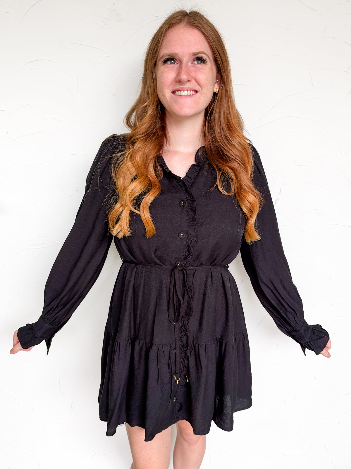 All On My Own Self Tie Ruffle Dress- Black