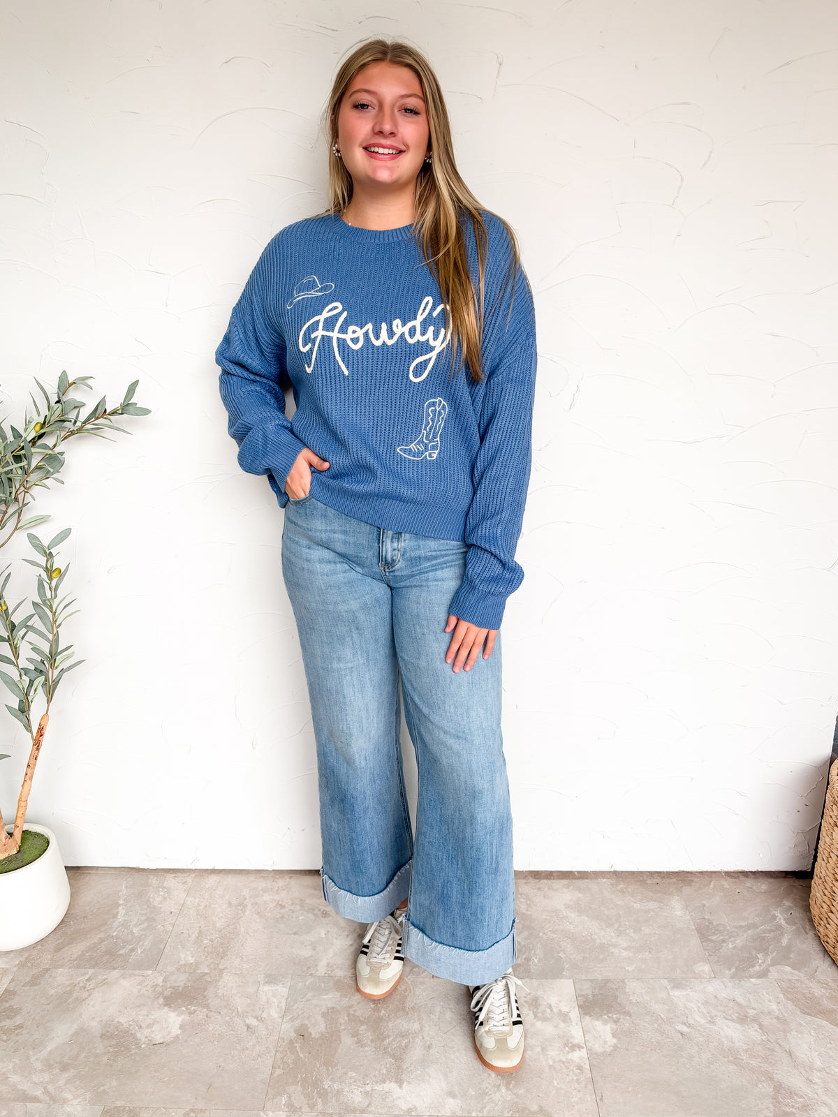 Howdy Embroidered Crewneck Knit Sweater- Denim