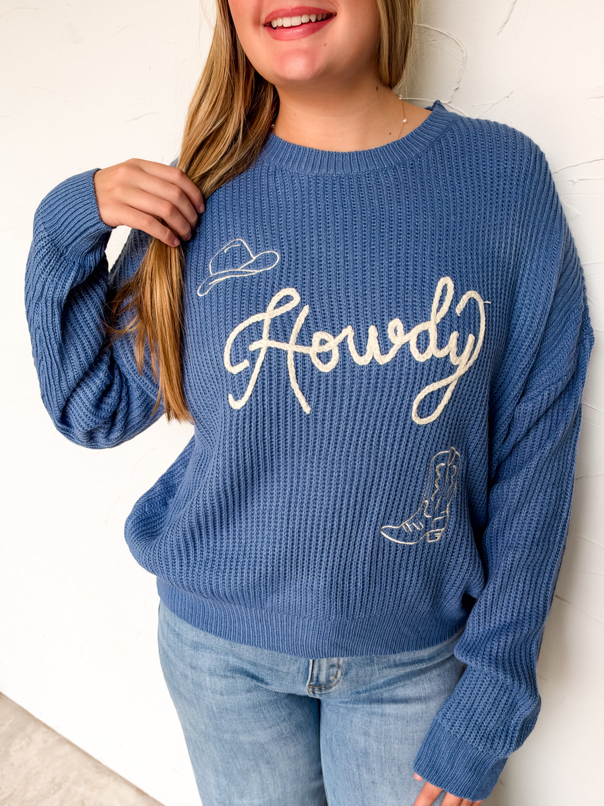 Howdy Embroidered Crewneck Knit Sweater- Denim