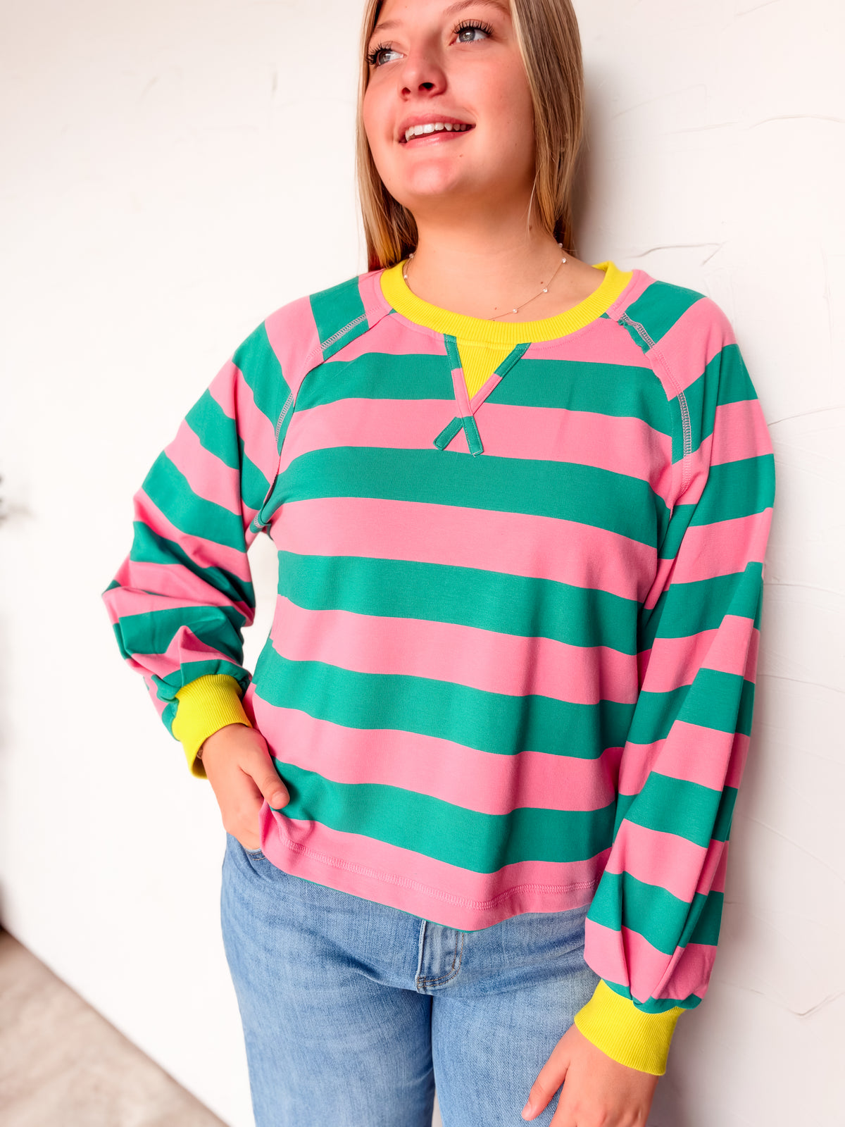 Back In Action Striped Cropped Top- Pink/Seafoam