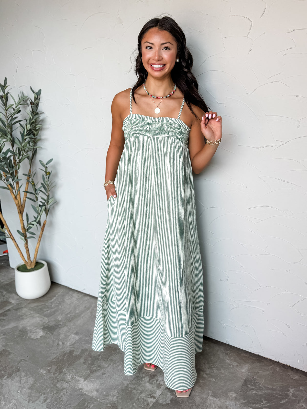 Between Dreams Smocked Striped Maxi Dresses