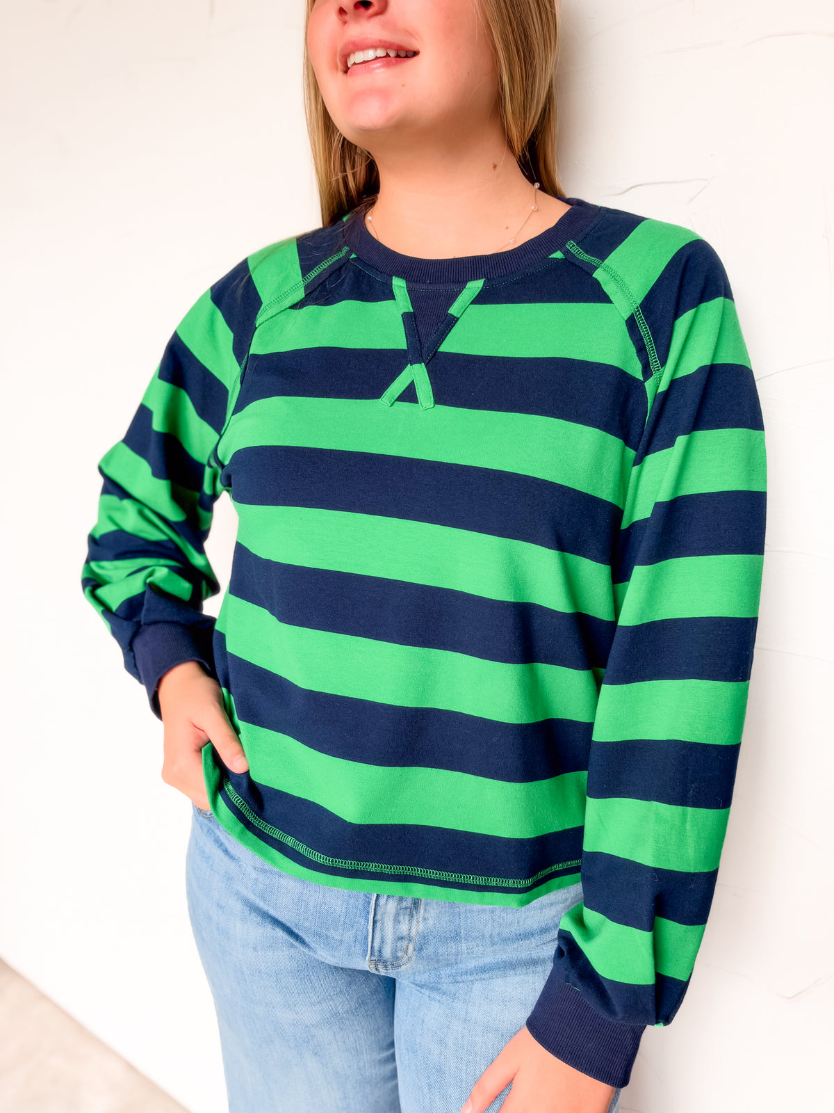 Back In Action Striped Cropped Top- Green/Navy