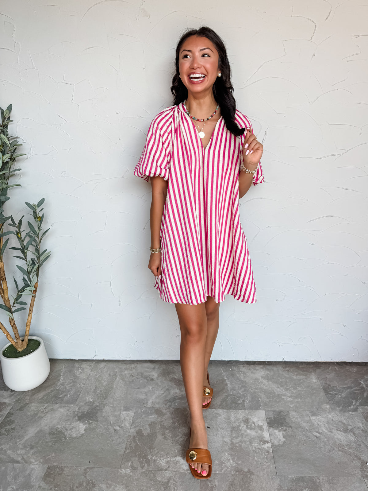 Lookin Kinda Cute Puff Sleeve Stripe Mini Dress- Magenta