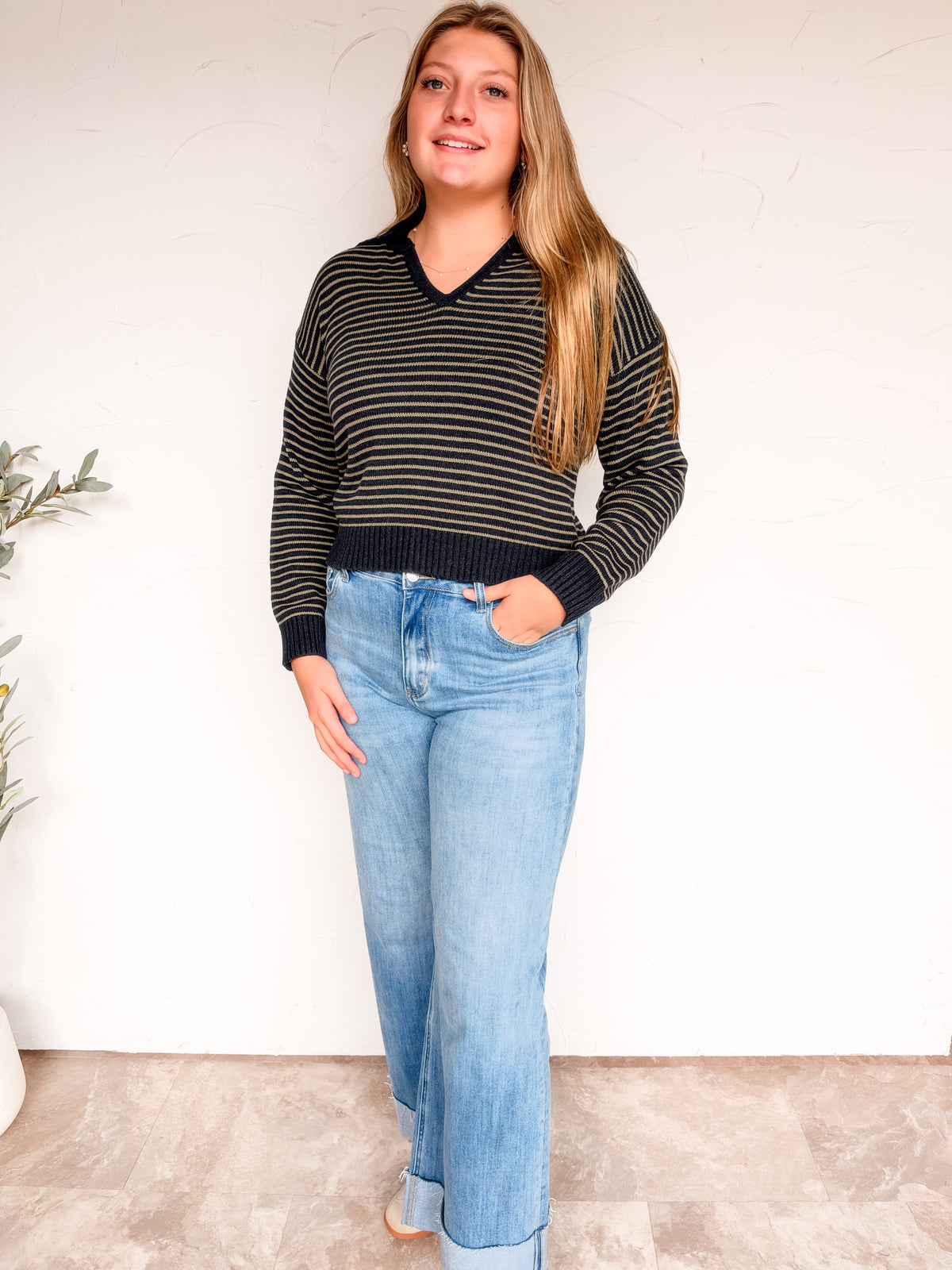 See You Soon Collared Sweater Stripe Top