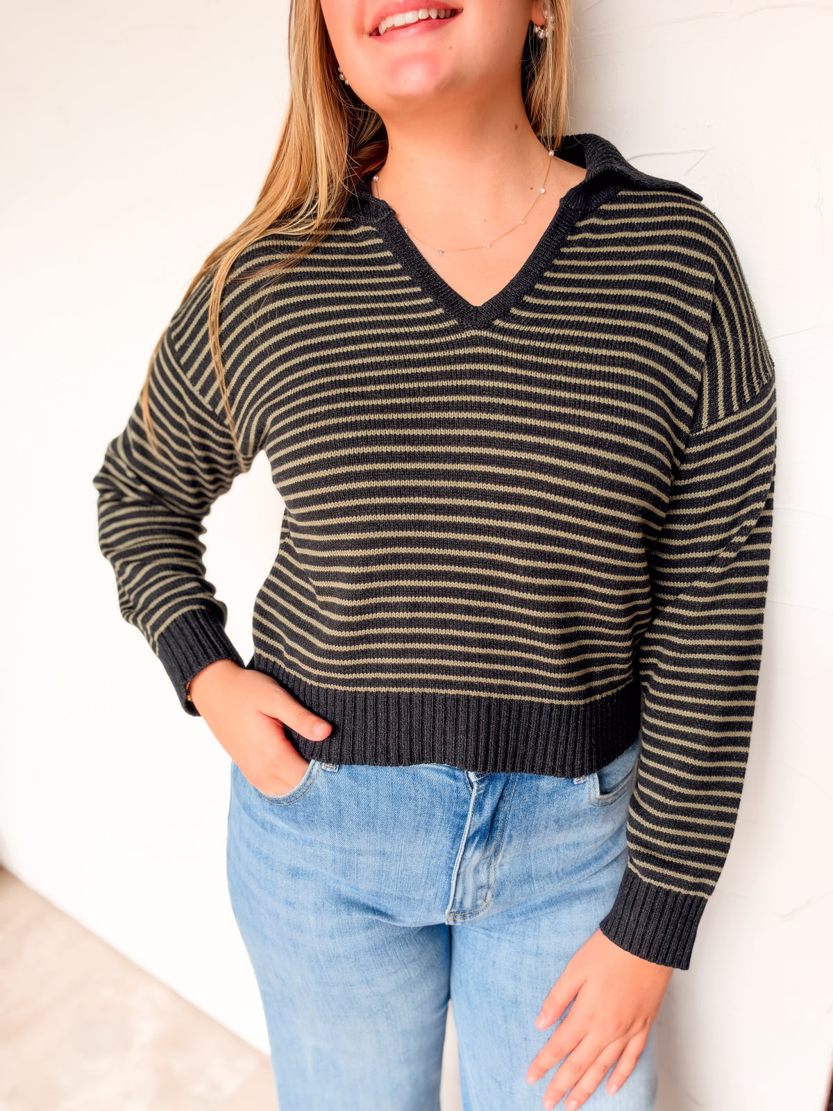 See You Soon Collared Sweater Stripe Top