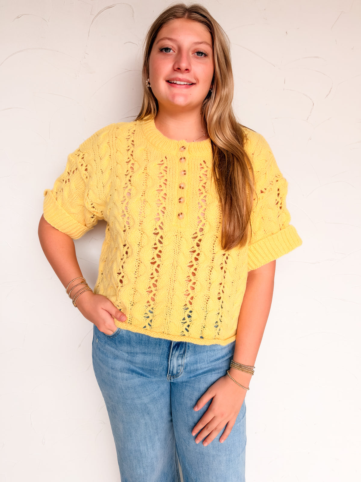 Just A Reminder Rouched Cable Knit Pullover- Lemon