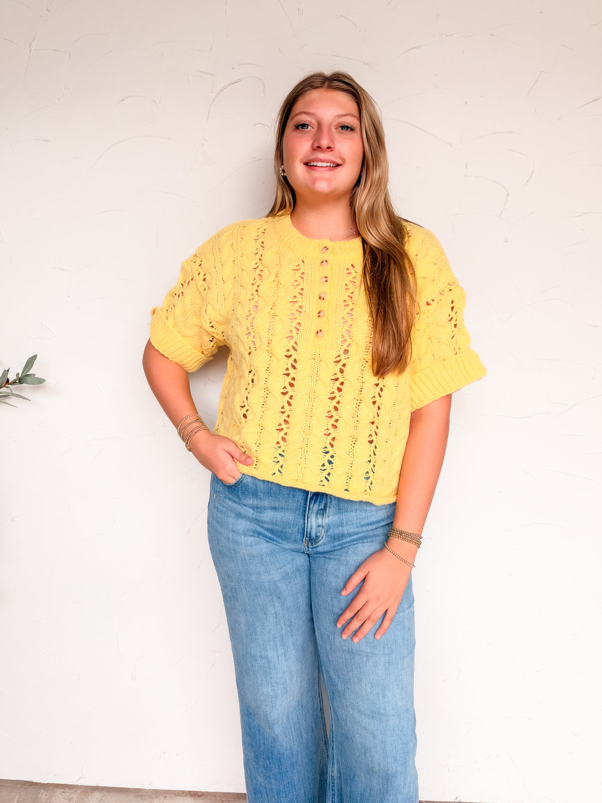 Just A Reminder Rouched Cable Knit Pullover- Lemon