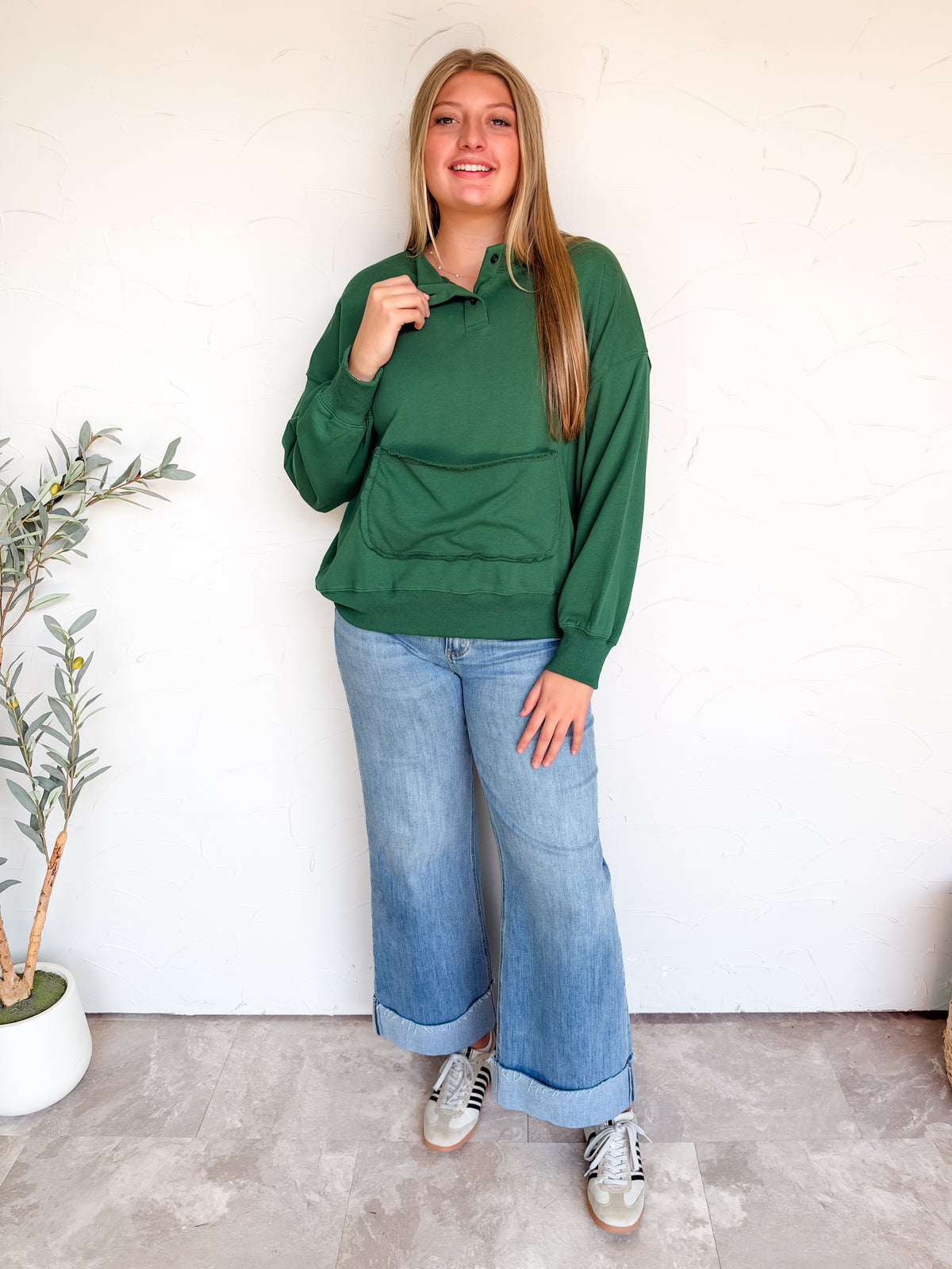 A Girls Best Friend Button Up Sweatshirt- Hunter Green